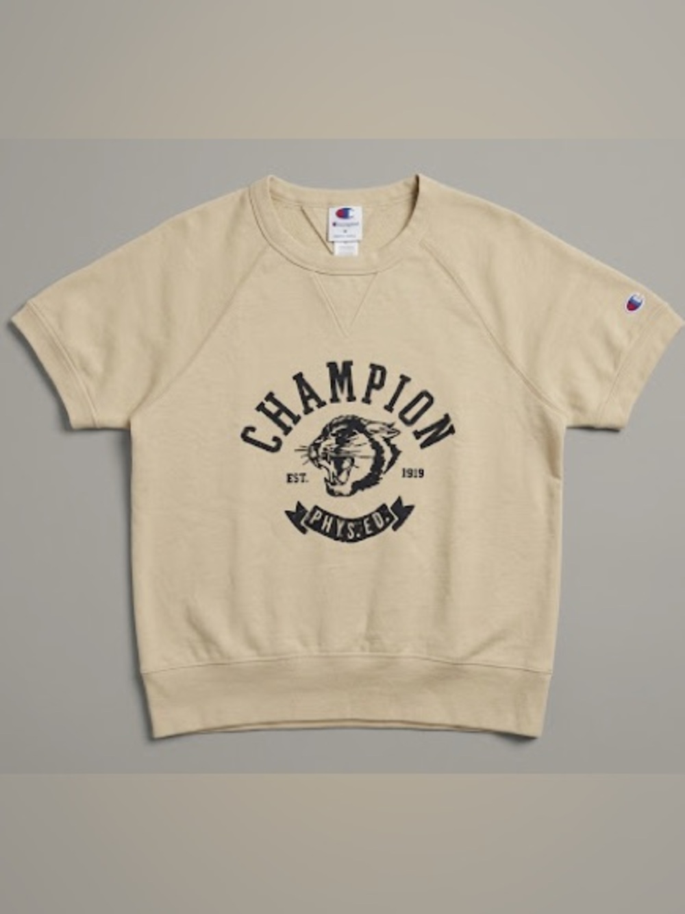 Champion Short Sleeve Logo Sweatshirt in Cream with Black Print